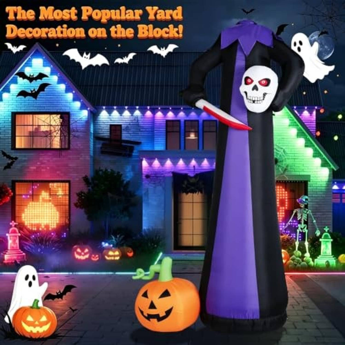Inflatable headless Halloween yard decor standing upright: skull mask, purple robe, red scythe