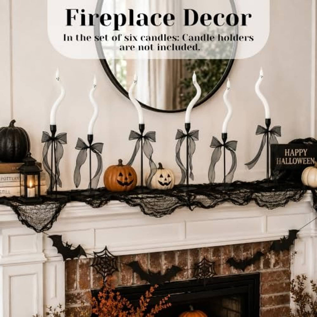 Twisting white ghost candles with ghost faces on wavy bodies and black bases