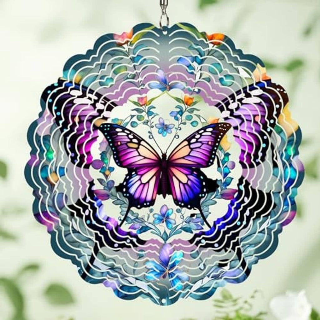 Butterfly wind spinner pendant, multicolor spiral cutouts and purple butterfly center