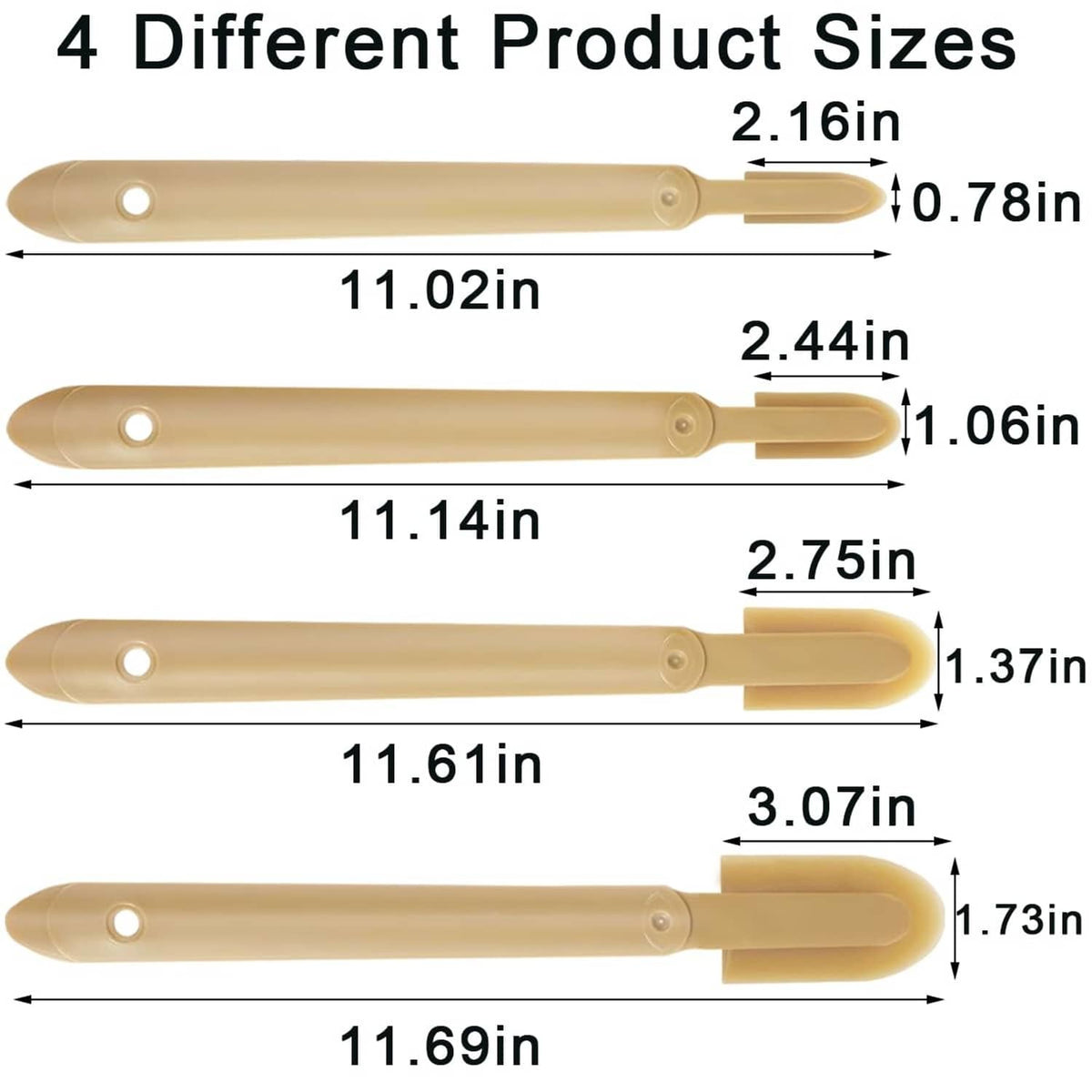 Four rubber caulking spatulas in varying lengths, size measurements shown