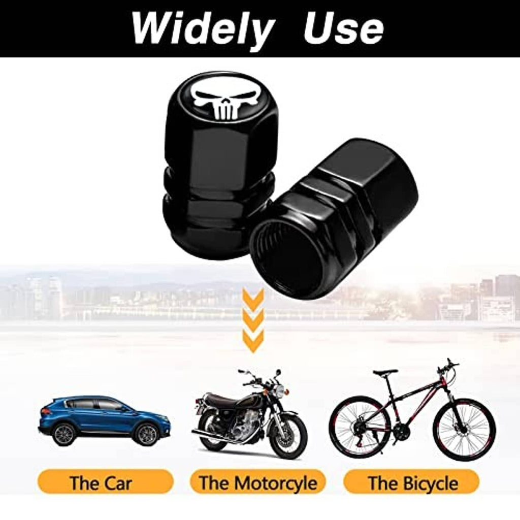 Pair of black wheel valve stem caps with white skull emblem, universal dustproof fit