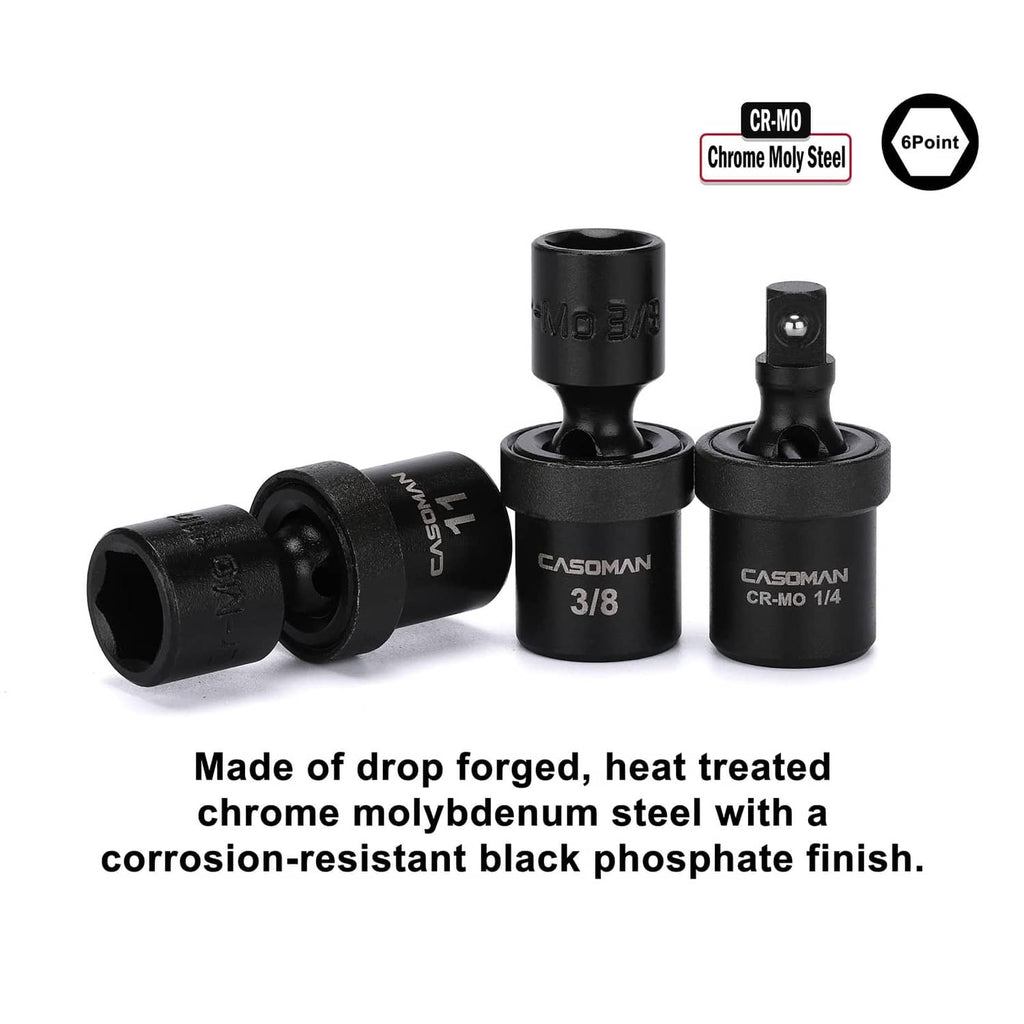 Black 3/8 in to 1/4 in adapters and socket bits marked CR-MO chrome moly