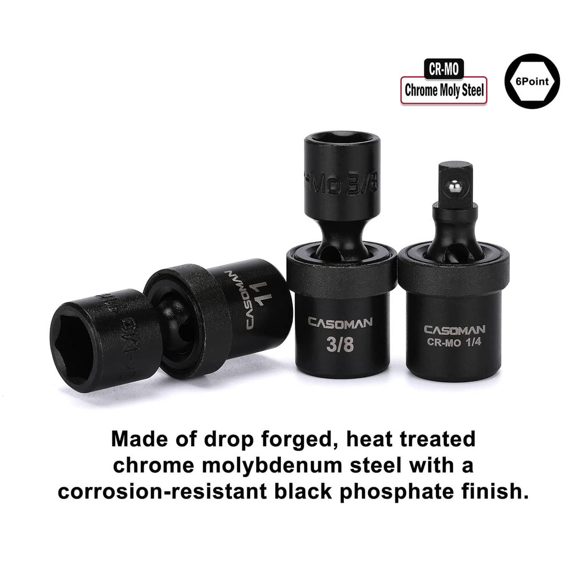 Black 3/8 in to 1/4 in adapters and socket bits marked CR-MO chrome moly