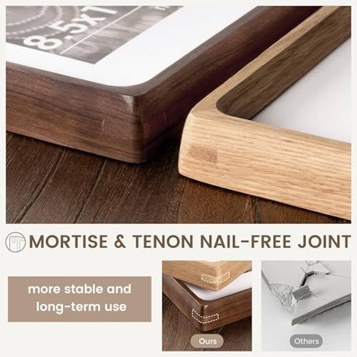 Close-up of walnut wood frame corner with mortise-and-tenon nail-free joint