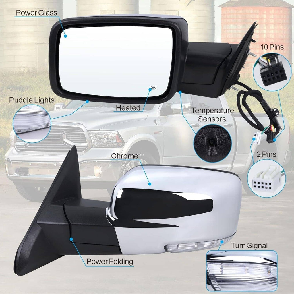 Left side chrome power-folding mirror with heated glass, temperature sensor, and puddle light