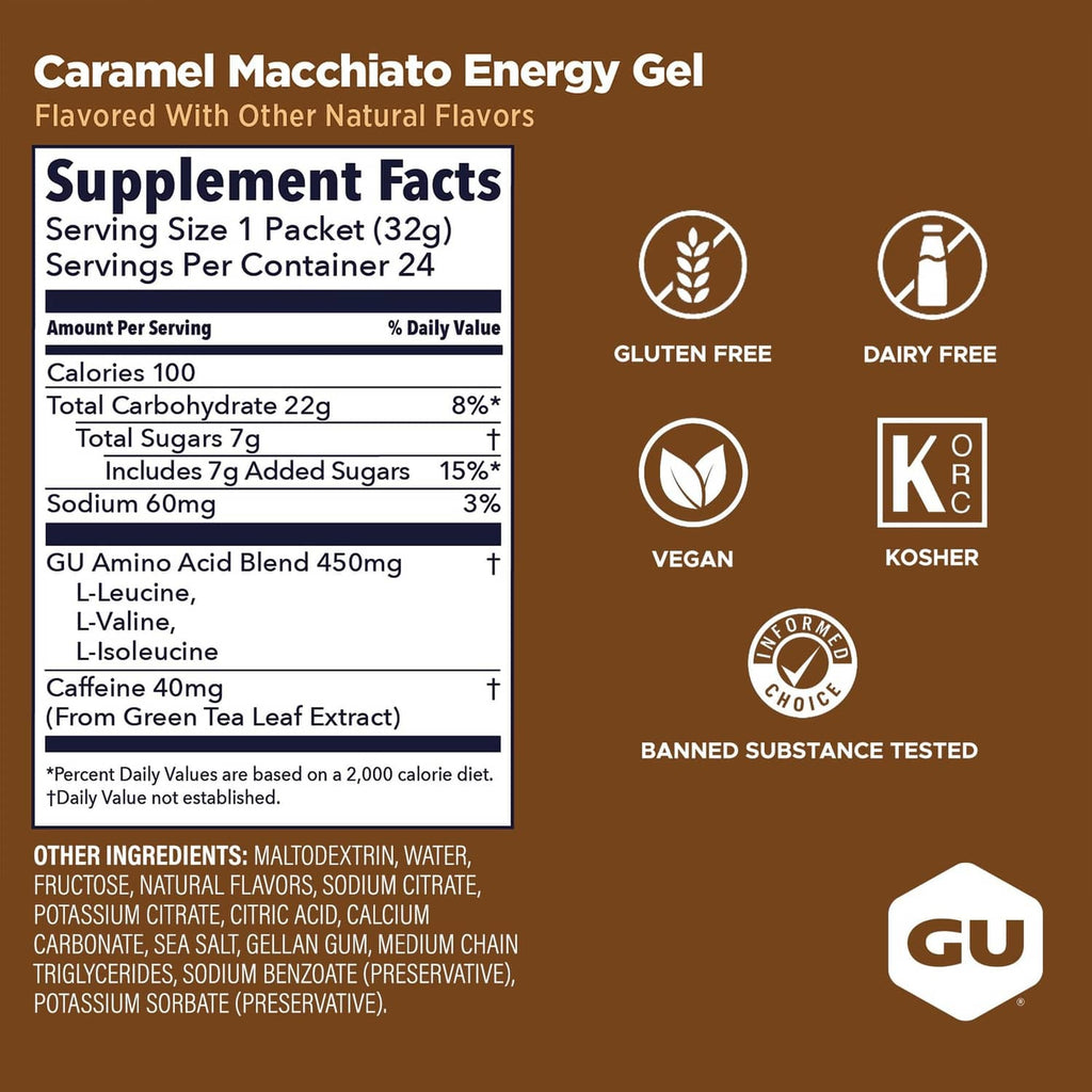 Energy gel supplement facts panel with flavor and dietary symbols (gluten free, vegan)
