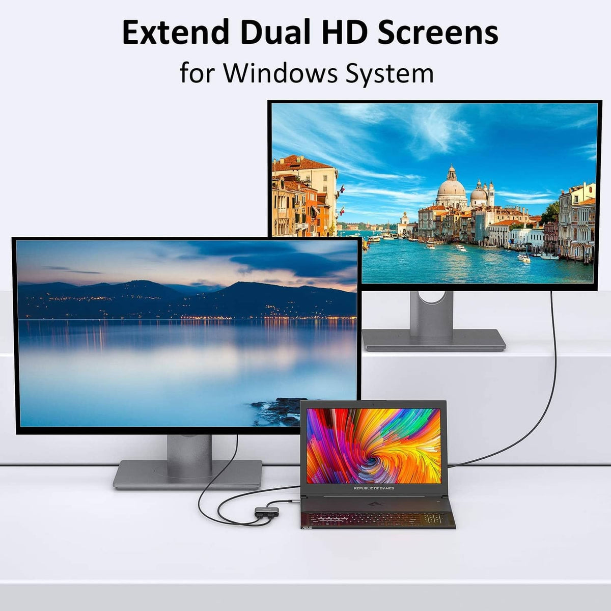 Dual HDMI adapter with USB-C cable and two HDMI ports for extending screens