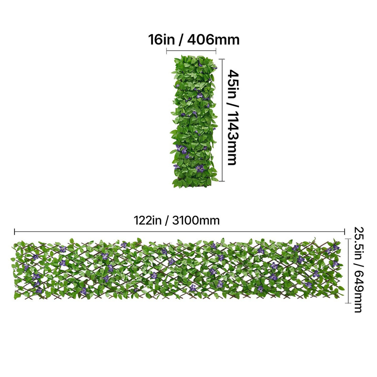 Front view dimensions of expandable ivy privacy screen, green leaves and purple blooms