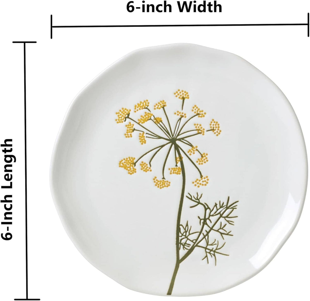 White appetizer plate with gold dandelion-style wildflower and green stems