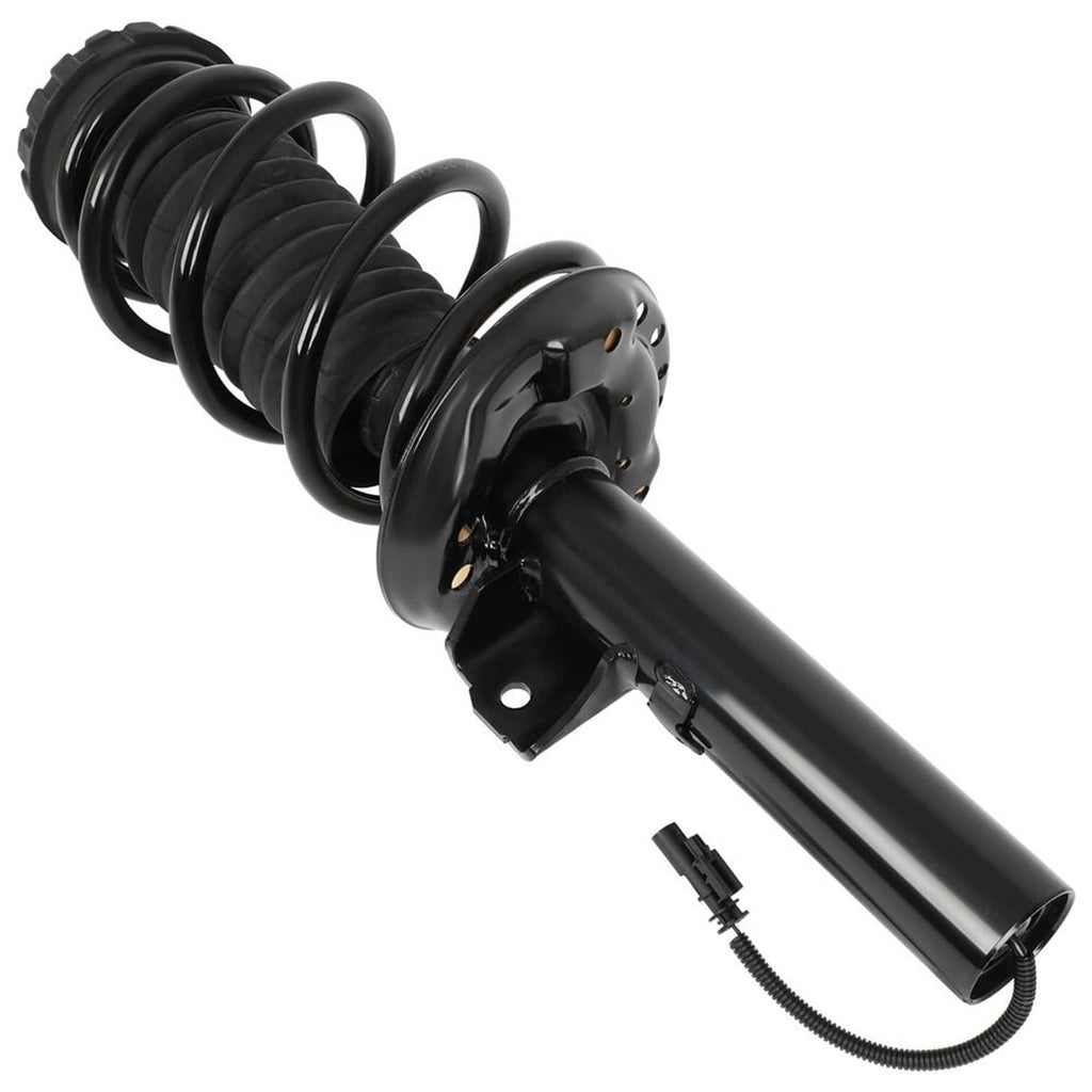 Shock strut assembly with black coil spring, black damper, and mounting bracket