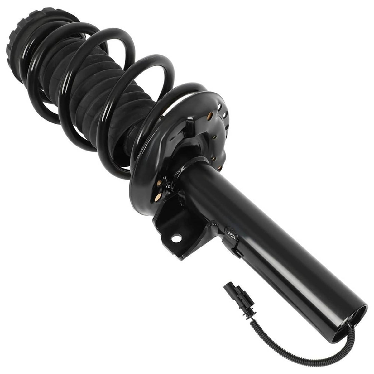 Shock strut assembly with black coil spring, black damper, and mounting bracket