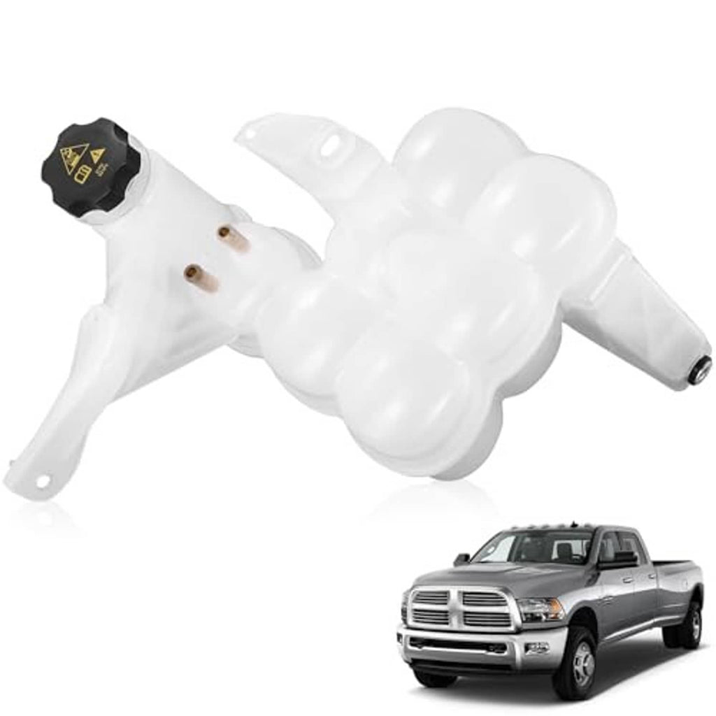 Engine coolant reservoir tank with cap and sensor, white plastic part with side hose outlet