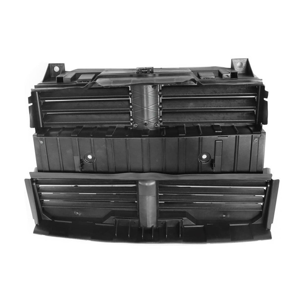 Black radiator shutter grille assembly with central mounting frame and fins