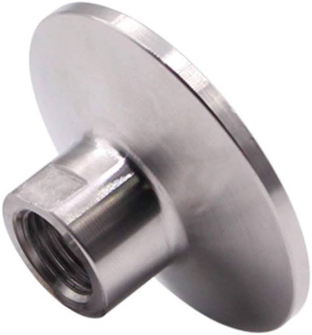 Stainless steel tri clamp adapter flange with female NPT threaded fitting, angled view