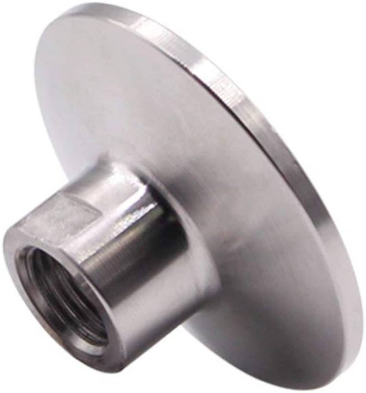Stainless steel tri clamp adapter flange with female NPT threaded fitting, angled view