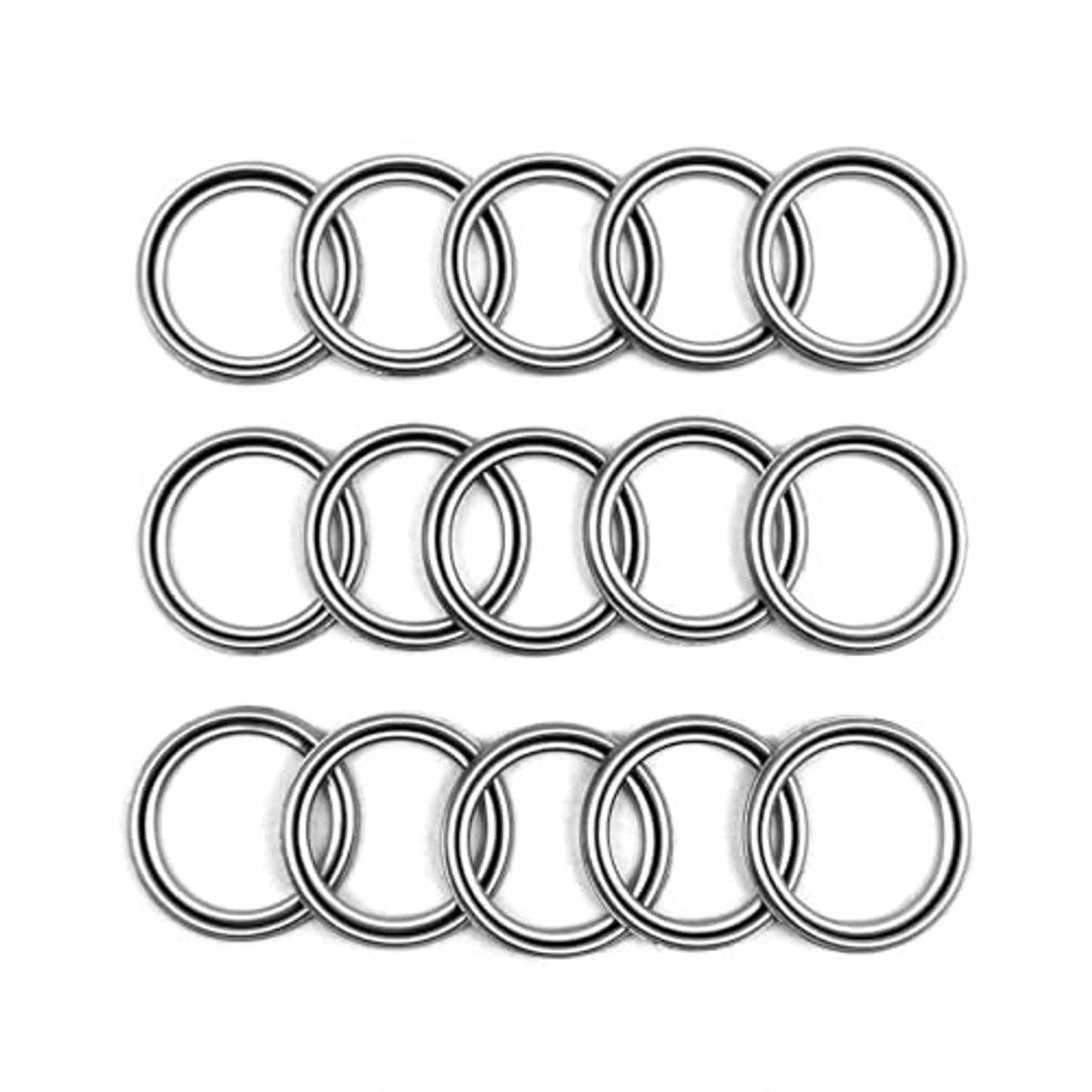 Metal crush washer gasket rings, silver-toned, arranged in groups