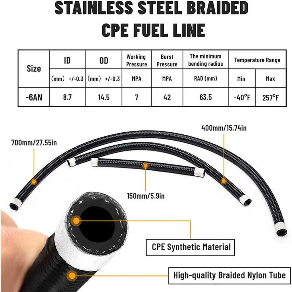 Stainless braided CPE fuel line with labeled measurements and product material callouts