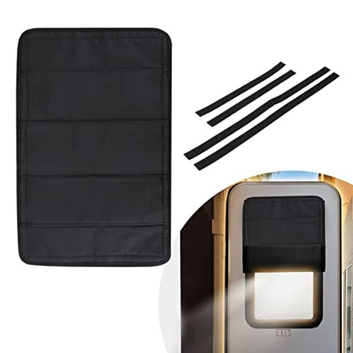 Foldable black RV door window shade cover with two black fastening strips