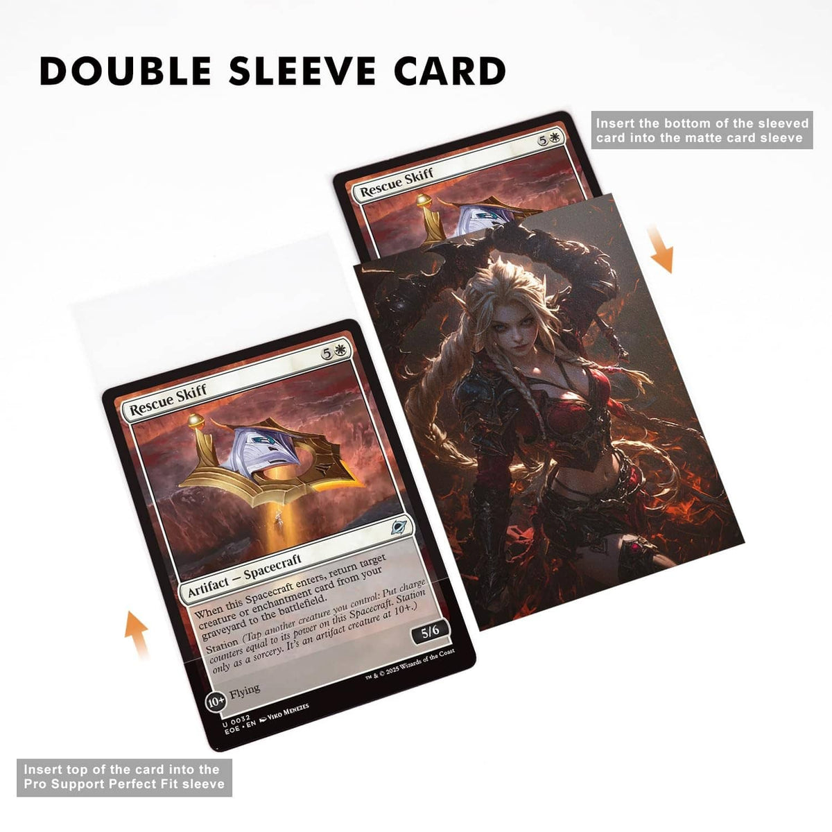 Double-sleeve cards with fantasy card art inside the outer sleeve