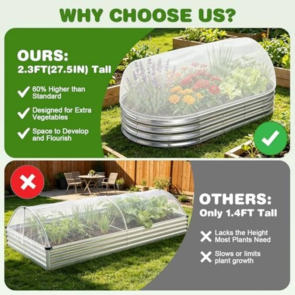 White mesh raised bed cover with silver slat-style frame and arched dome shape