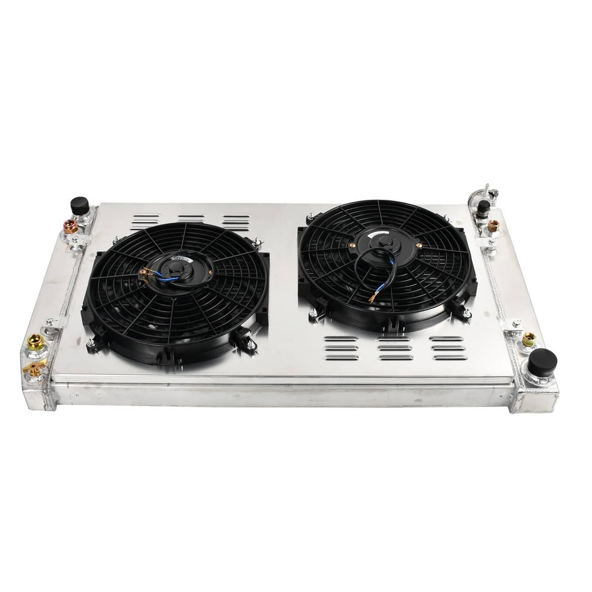 Radiator fan shroud assembly, two black cooling fans on silver metal base plate