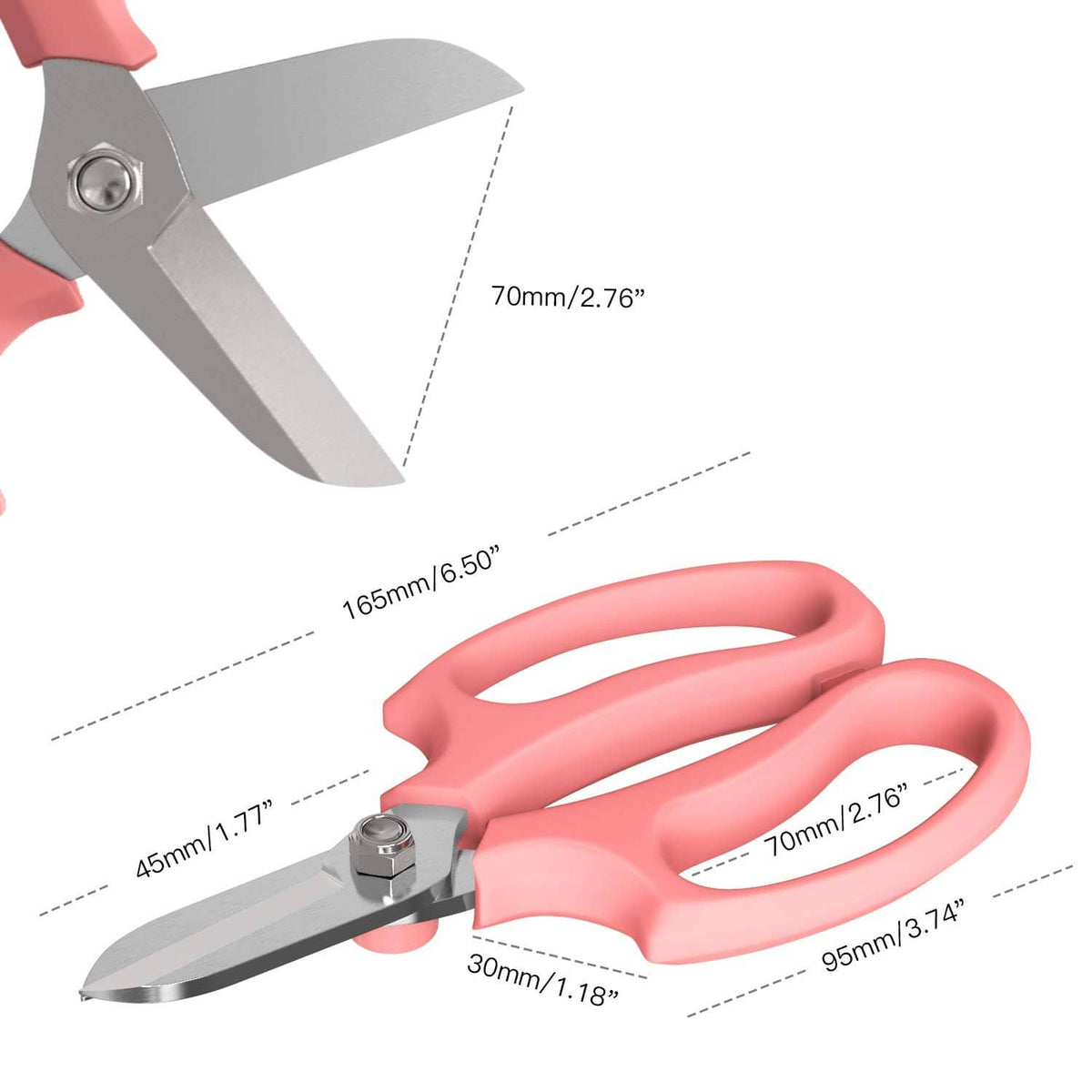 Pink pruning shears with curved handles and silver stainless steel blade