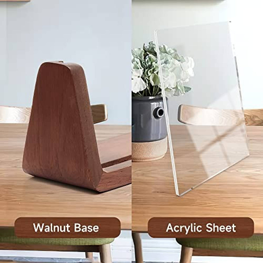 U-shaped acrylic-front photo frame with rustic walnut-style wooden base