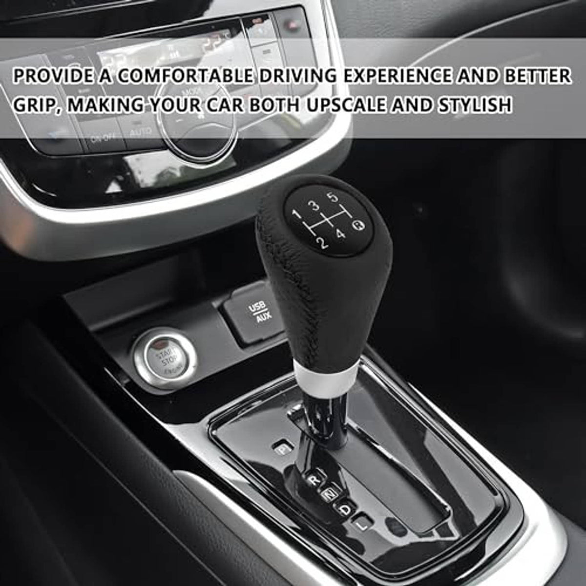 Installed black leather 5-speed gear shift knob with numbered dial and silver base