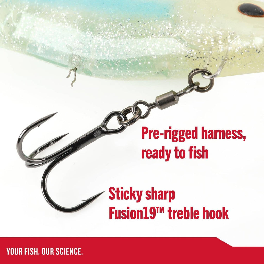 Light blue shad swimbait lure with pre-rigged harness and treble hook