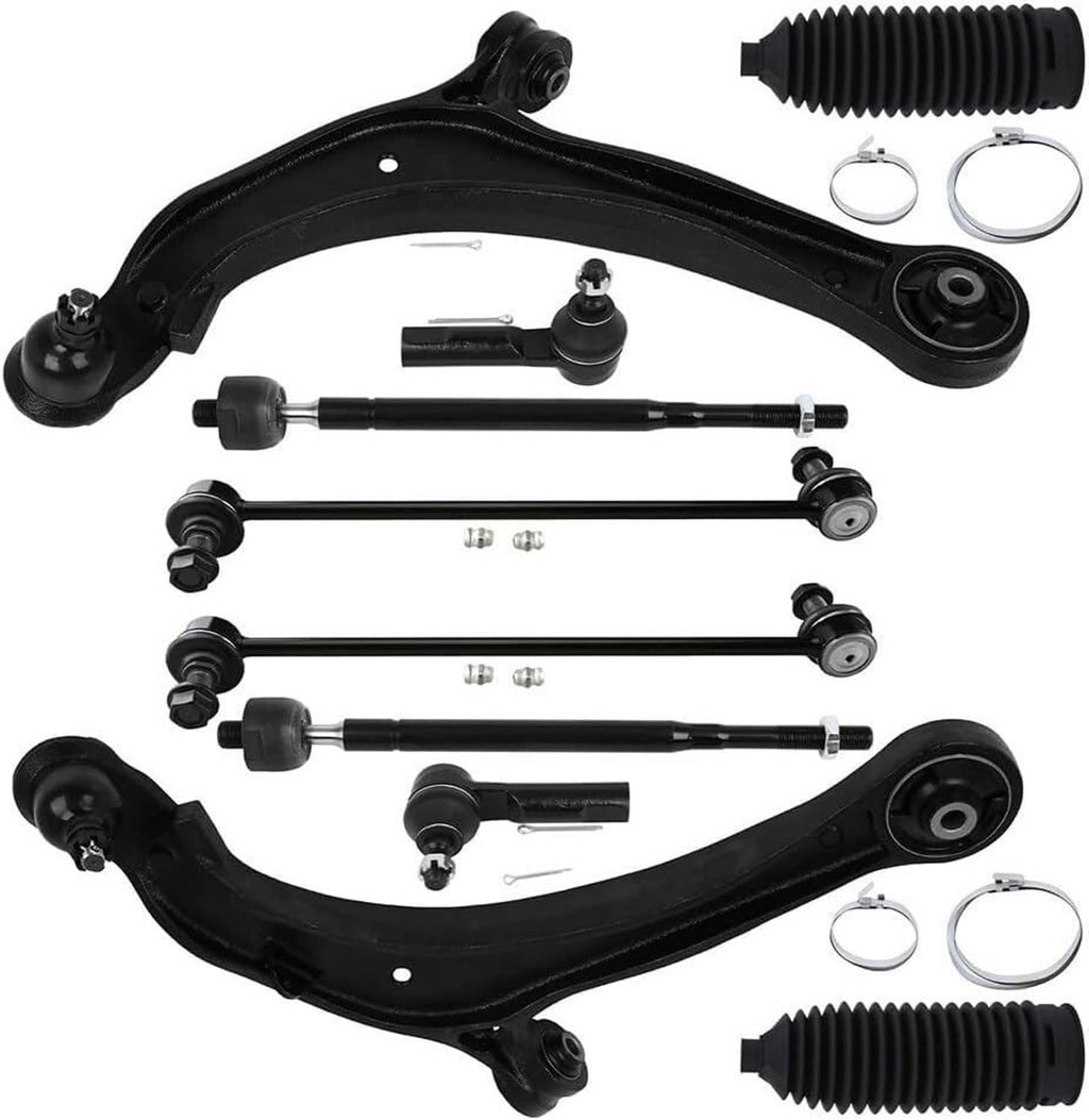 Front suspension kit assembly with control arms, tie rods, boots, and mounting hardware