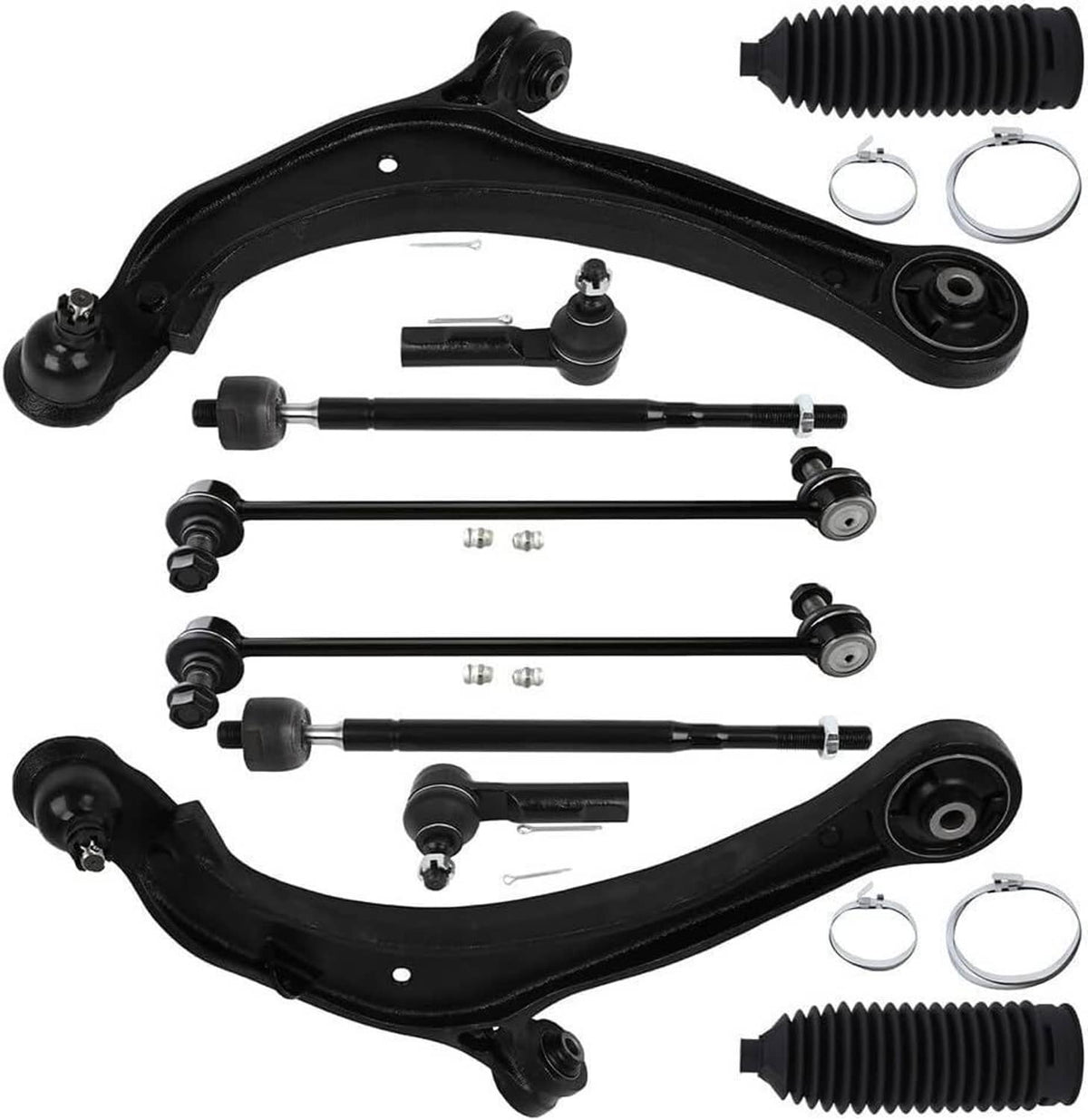 Front suspension kit assembly with control arms, tie rods, boots, and mounting hardware