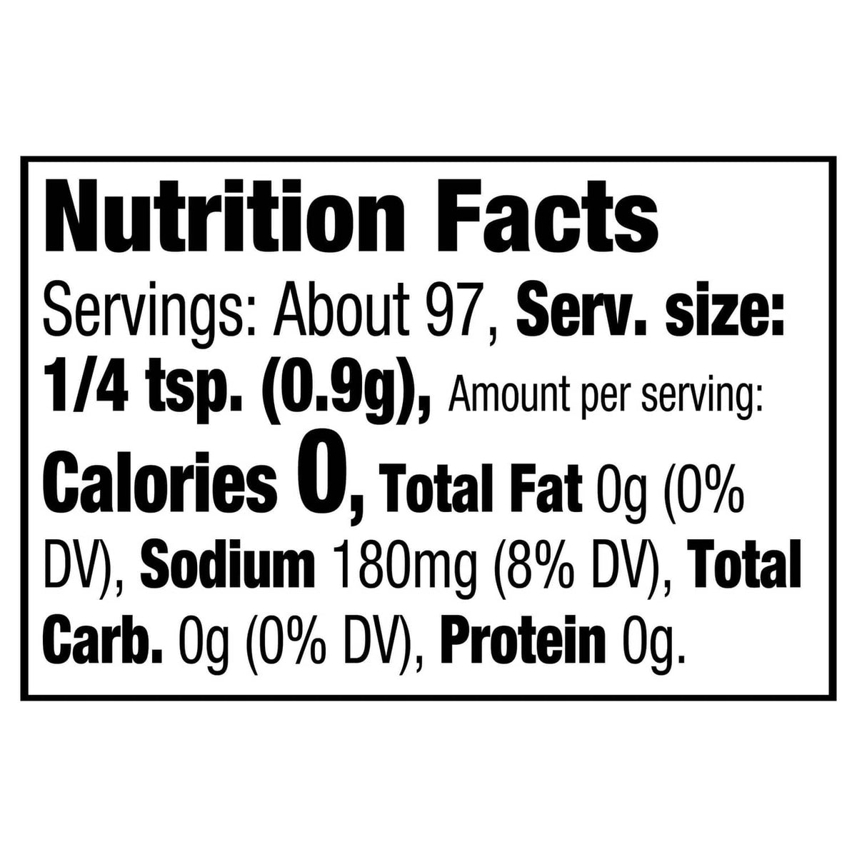 Nutrition Facts label for garlic butter seasoning: calories 0, sodium 180 mg