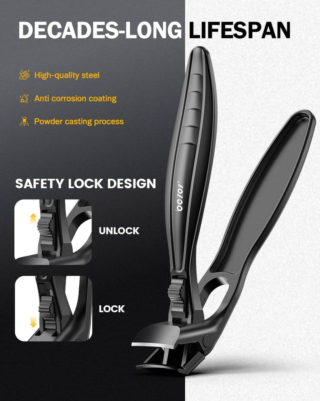 Black BEZOX toe nail clippers with safety lock design and guarded blades