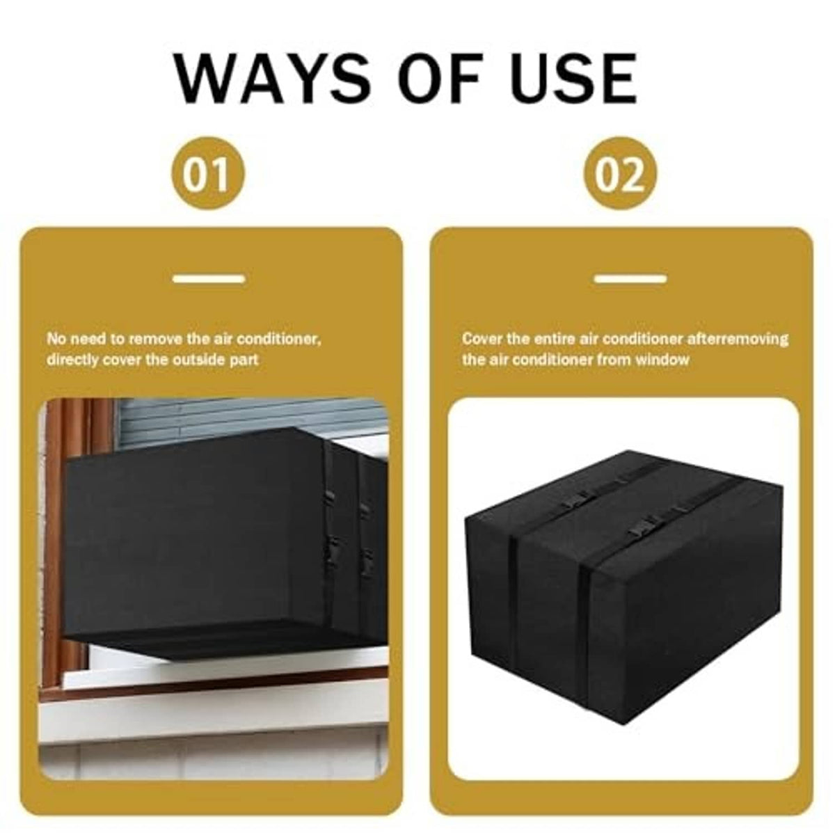 Black 600D window air conditioner cover for outside unit, rectangular with side panels.
