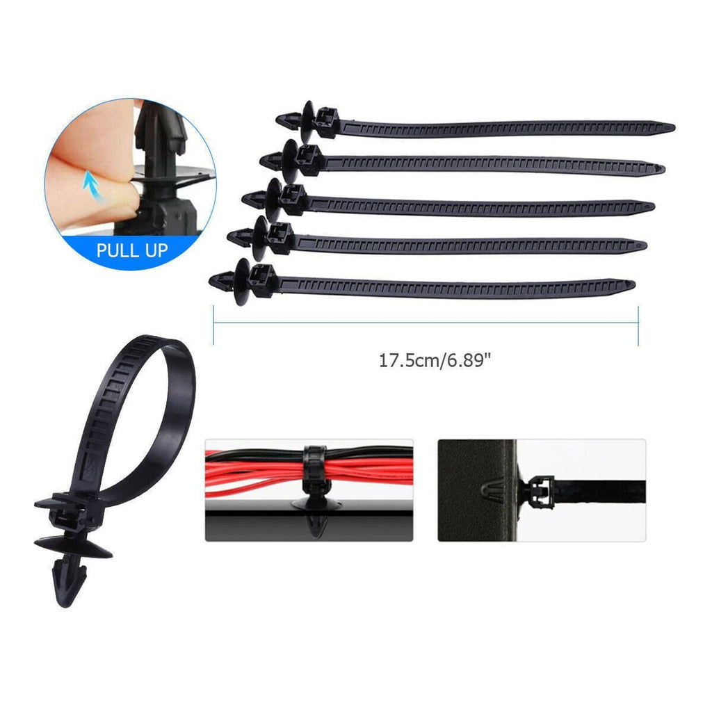 Set of black push-in car trim retainer clips, 17.5 cm length, with pull-up tabs