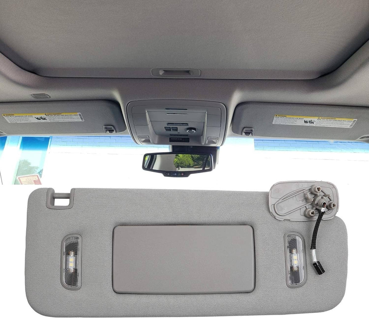Right-side car sun visor with gray fabric and integrated LED light panels and mirror mounts