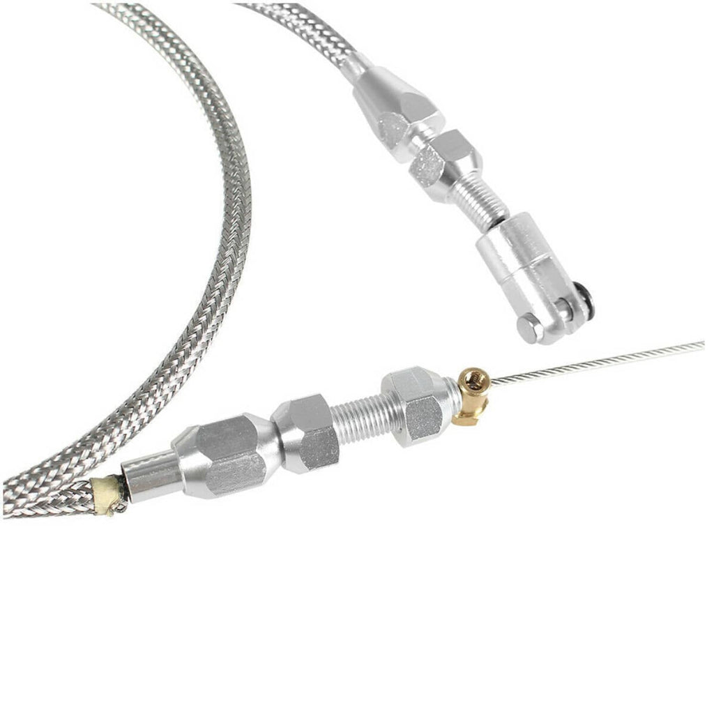 Throttle cable with braided housing and silver throttle body and pedal-end fittings