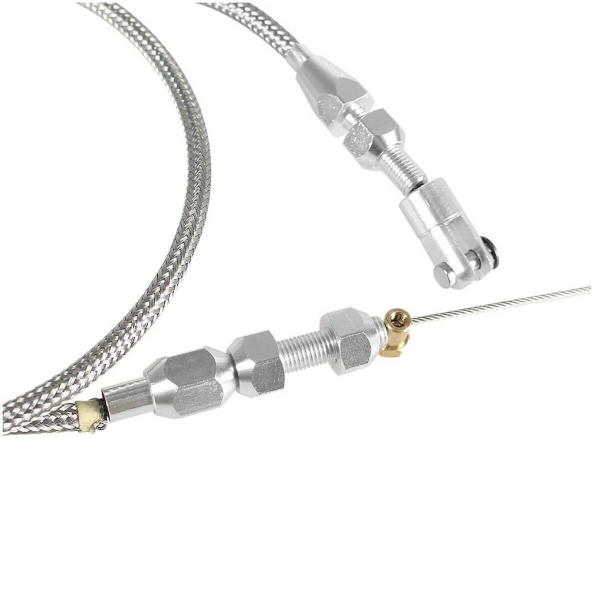 Throttle cable with braided housing and silver throttle body and pedal-end fittings