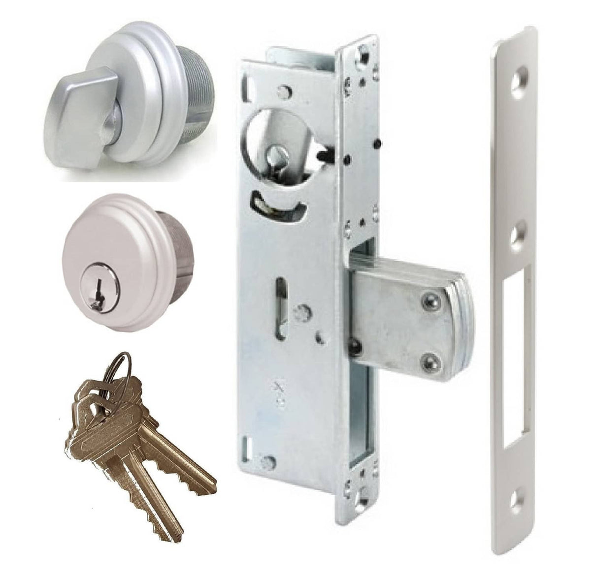 Mortise door lock deadbolt with key cylinder, strike plate and keys, silver finish