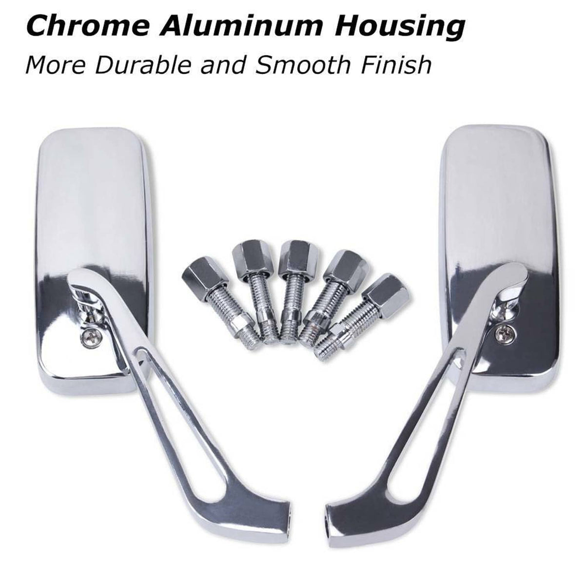Chrome aluminum motorcycle side mirror housing with blue-tinted glass and bolts