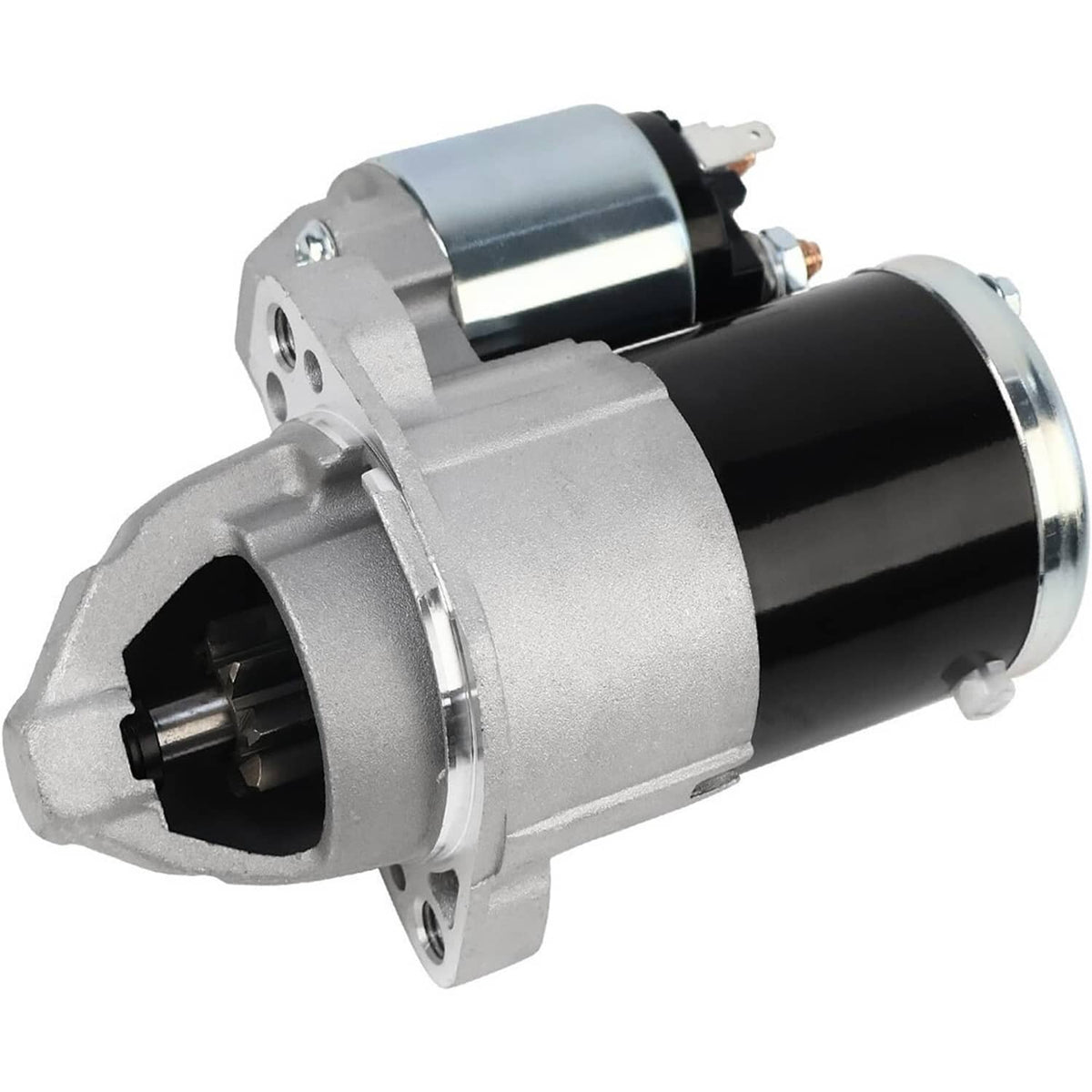 Starter motor with silver mounting flange and black cylindrical housing, with terminals