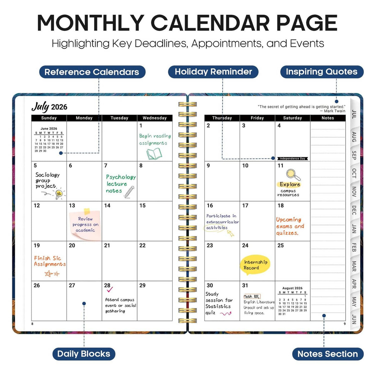 Open monthly calendar page with color-coded events and gold spiral binding