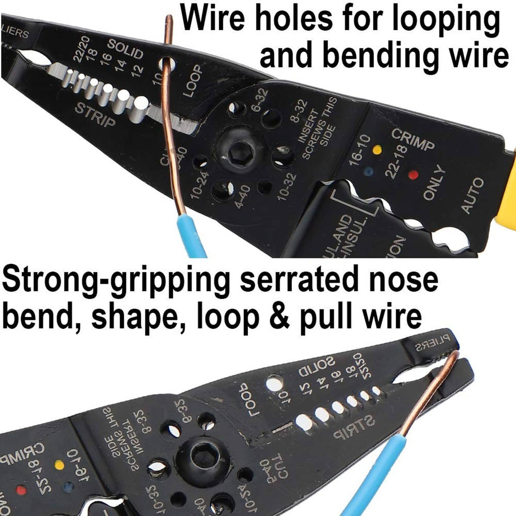 Wire stripper tool with strong-gripping serrated nose and wire loop holes