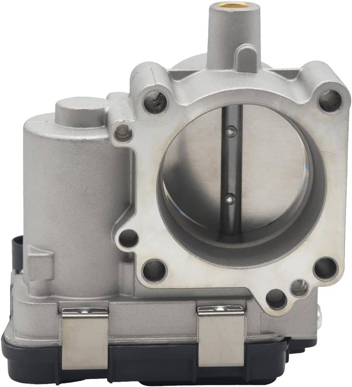 Electronic throttle body with silver housing and round throttle valve plate