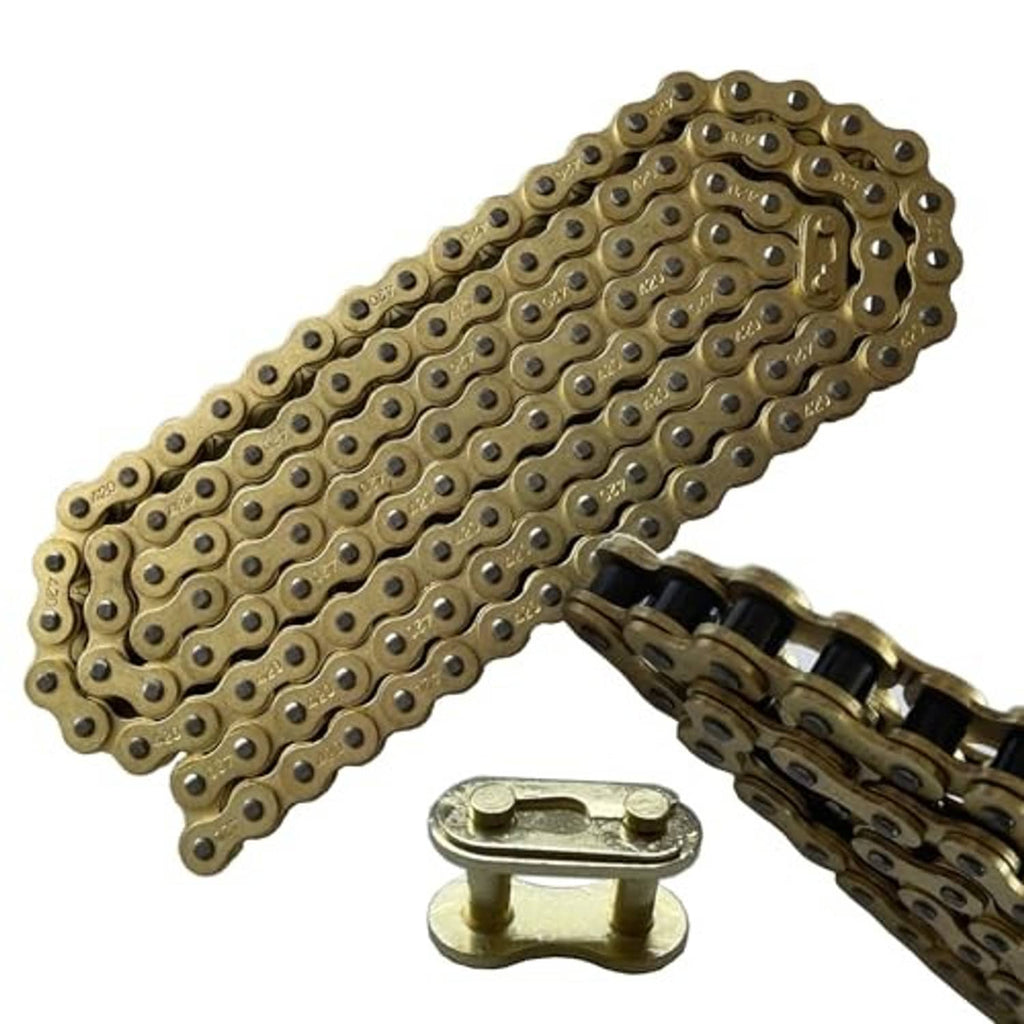 Gold roller chain close-up with master link clip and surrounding link pins