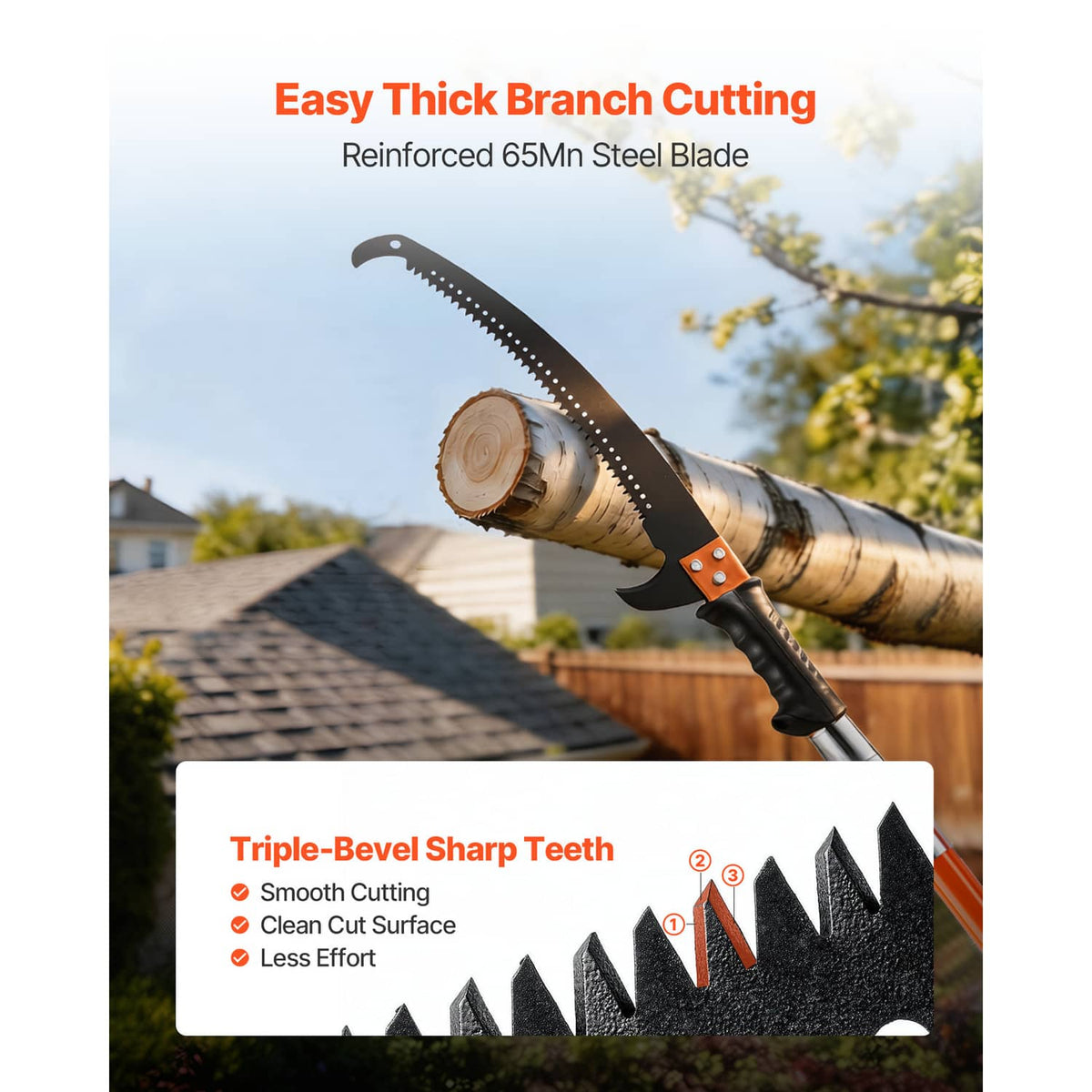 Manual pole saw head with black serrated blade and orange cutting hook on extended arm