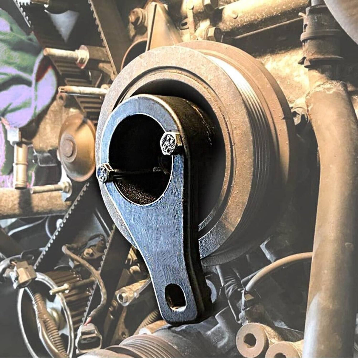 Metal crankshaft damper pulley with black holding tool secured