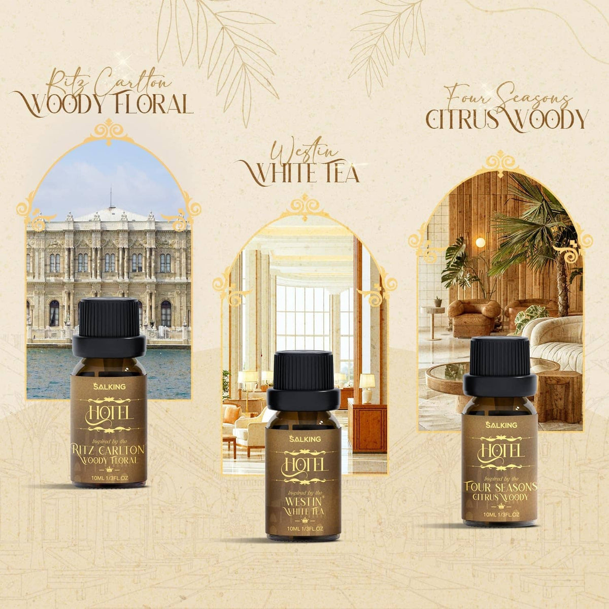 Hotel scent essential oil bottle set with four fragrances shown on a display card