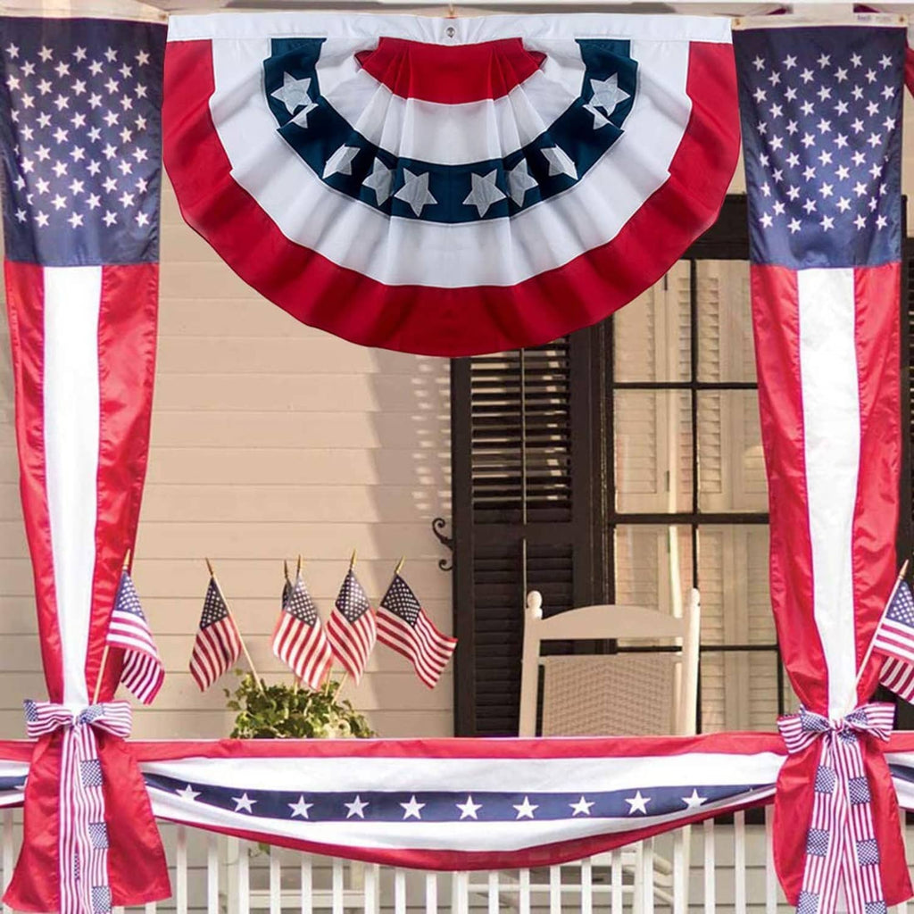 Red white and navy star pleated fan bunting centerpiece with hanging striped side flags