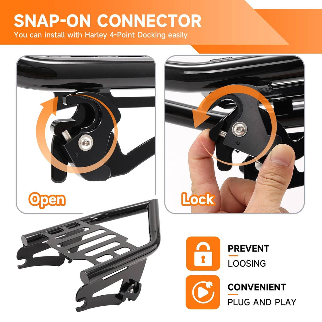 Black 4-point docking luggage rack with connector hardware for easy locking